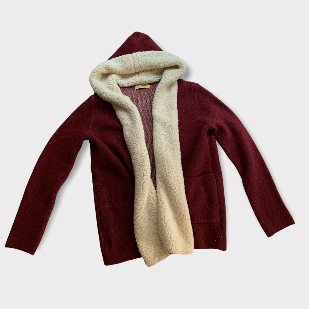 How Very Loved Hooded Cardigan Sweater KJ25069‑01 Large Sherpa Lined Burgundy